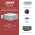 Box contents | Manufacturer graphic of the spa with standard cover, ChemConnect, filter, and EnergySense cover icons