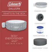 Box contents | Manufacturer graphic of the spa with standard cover, ChemConnect, filter, and EnergySense cover icons