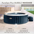 Size | Navy 6-person spa on a patio with 85 inch outer, 65 inch inner, and 28 inch height marks