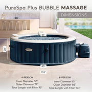 Size | Navy 6-person spa on a patio with 85 inch outer, 65 inch inner, and 28 inch height marks