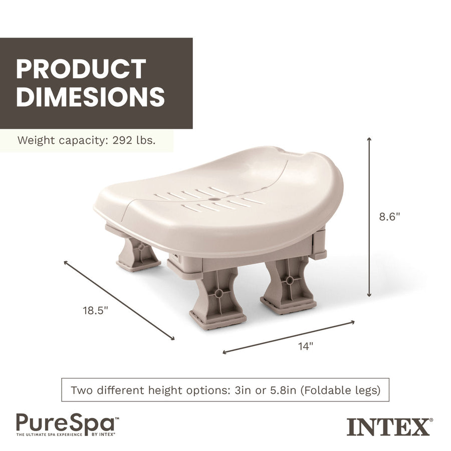 Dimensions | Tan spa seat callouts: 14 by 18.5 inches, 8.6 inches tall, 292 pound rating, foldable legs