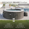 Dimensions | Six-person Greywood Deluxe: inner and outer diameter, wall height, and pump clearance