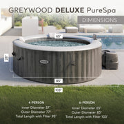 Dimensions | Six-person Greywood Deluxe: inner and outer diameter, wall height, and pump clearance