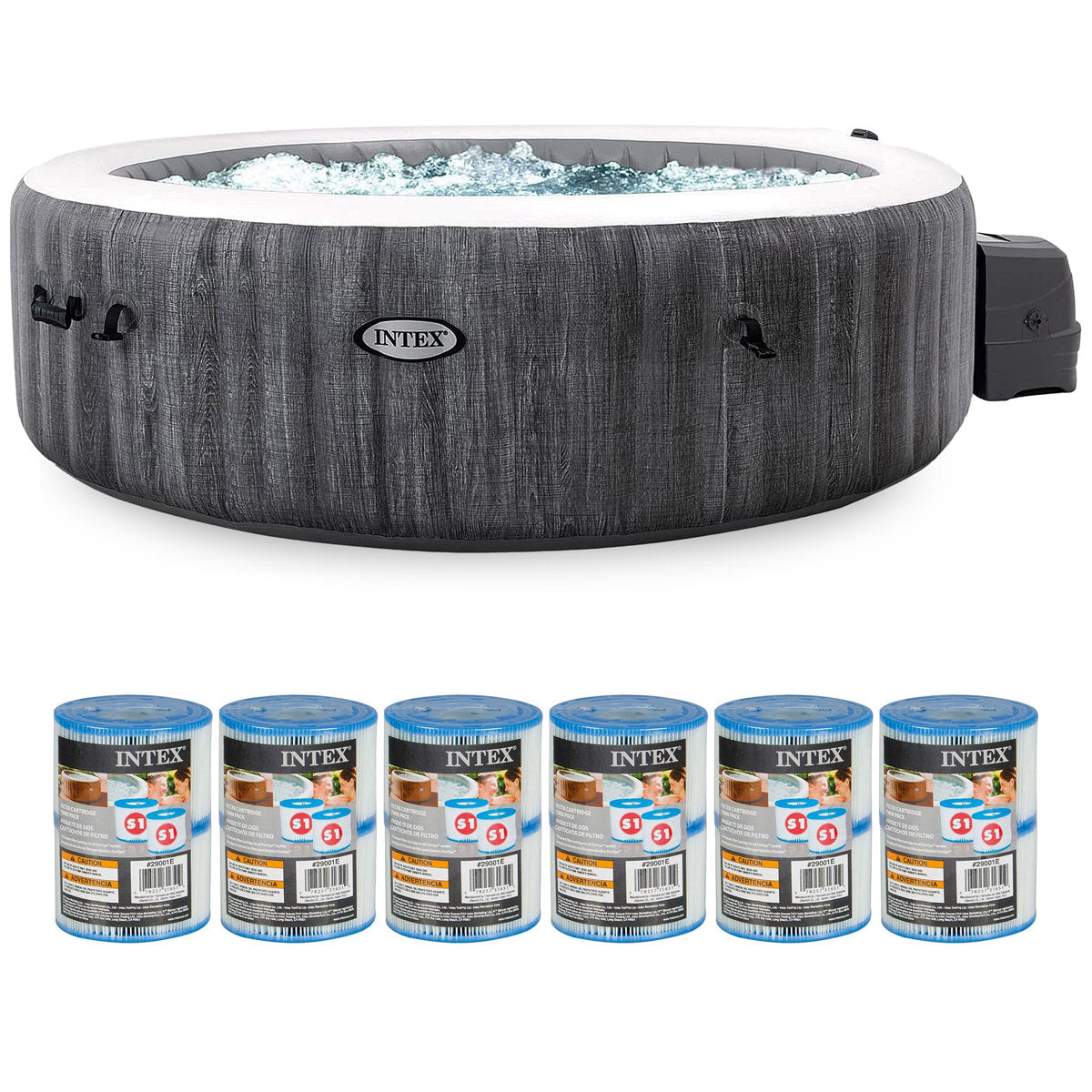 Front | Round Greywood spa with bubbling water, side pump, and six Type S1 filter cartridges on white