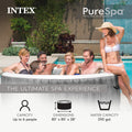 Patio | Six people in the Greywood spa beside a pool; round spa with insulated cover