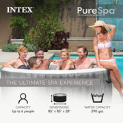 Patio | Six people in the Greywood spa beside a pool; round spa with insulated cover