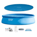 Set | Studio set showing the pool, solar cover, pump, ladder, cartridges, and debris cover