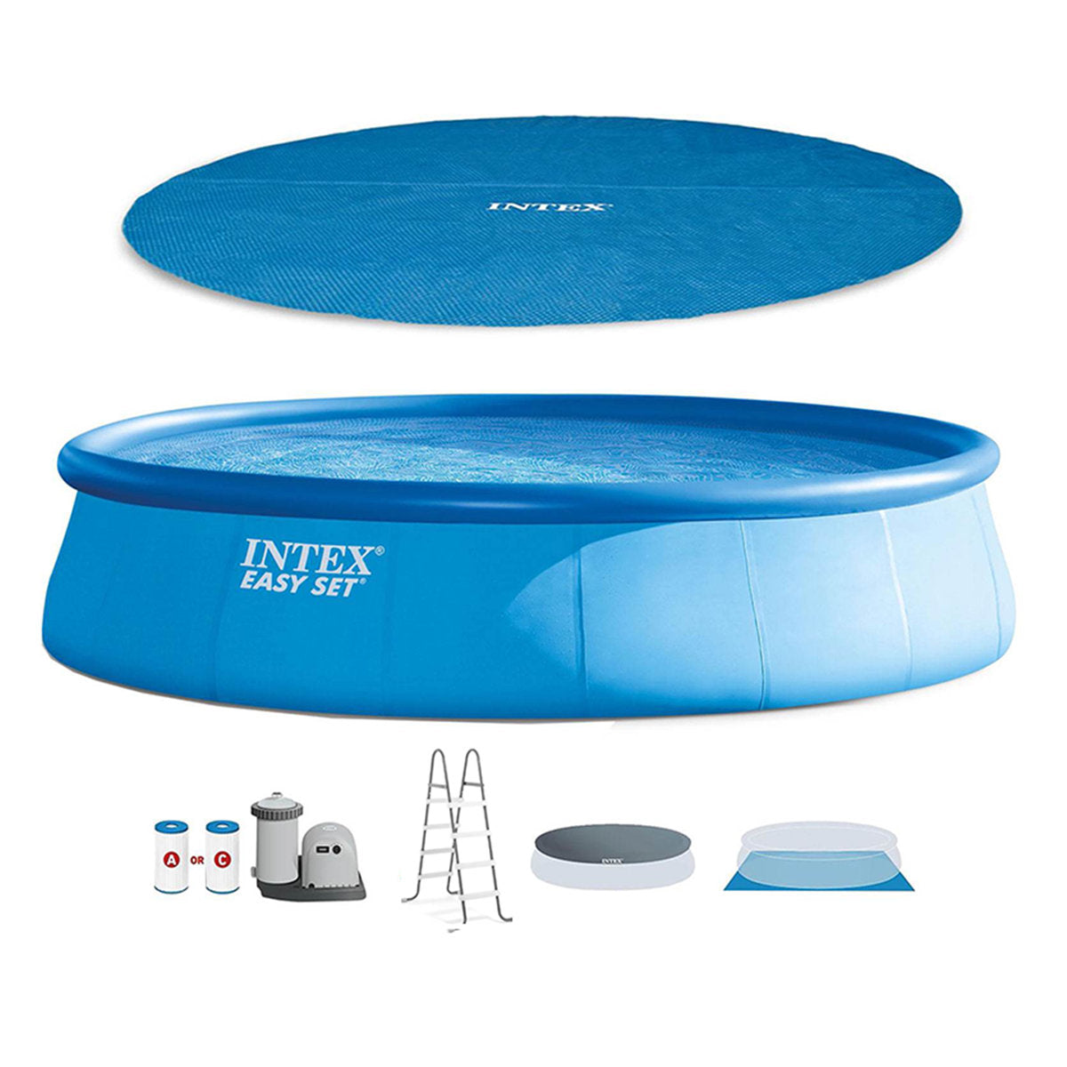 Set | Studio set showing the pool, solar cover, pump, ladder, cartridges, and debris cover