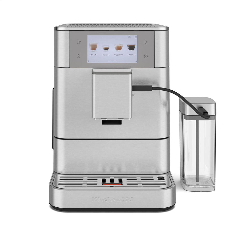 Angle | KitchenAid KF8 fully automatic espresso machine three-quarter view showing control panel and milk carafe