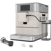 Angle | KitchenAid KF8 espresso machine three-quarter view showing control panel and milk frother