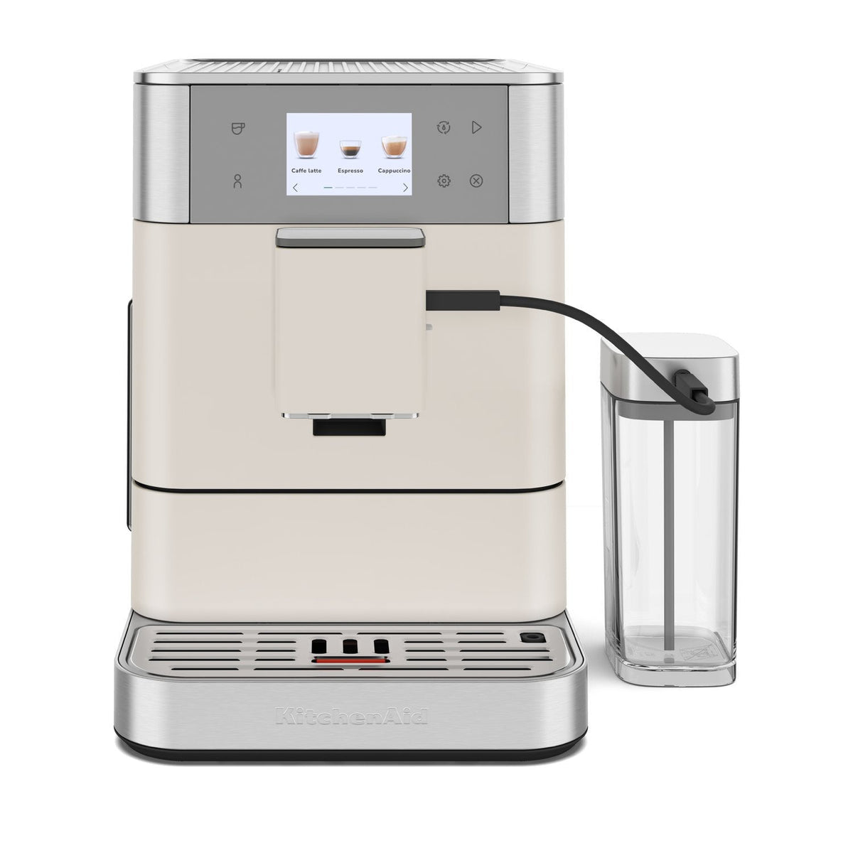 Front | KitchenAid KF7 fully automatic espresso machine front view with milk attachment on kitchen counter