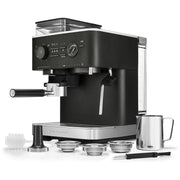 Front | KitchenAid semi-automatic espresso machine with burr grinder in cast iron black on a white backdrop