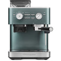 Front | KitchenAid KES6551 semi-automatic espresso machine with burr grinder in juniper front view on countertop