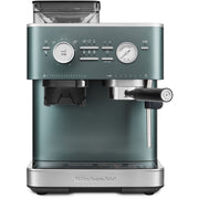 Front | KitchenAid KES6551 semi-automatic espresso machine with burr grinder in juniper front view on countertop