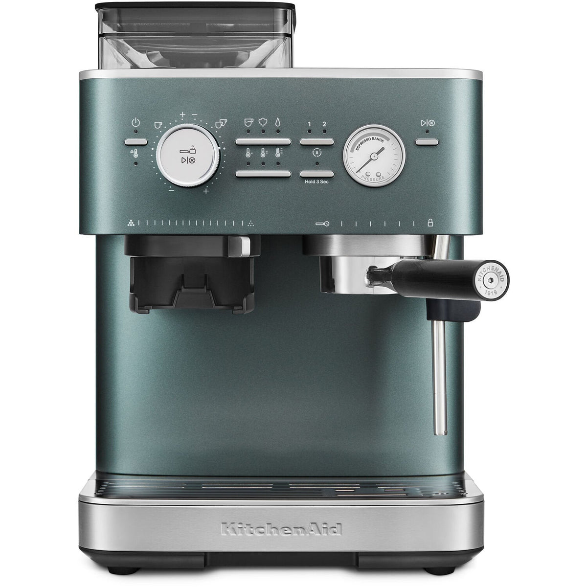 Front | KitchenAid KES6551 semi-automatic espresso machine with burr grinder in juniper front view on countertop