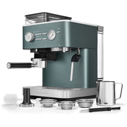 Angle | KitchenAid KES6551 semi-automatic espresso machine three-quarter view showing control panel and steam wand