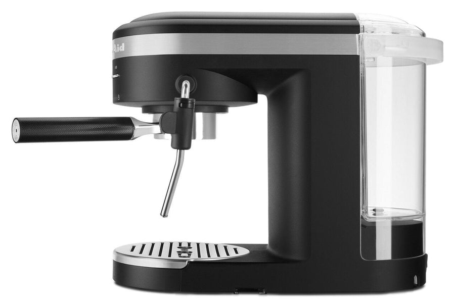 Side | KitchenAid KES6403BM espresso machine side view showing steam wand and water tank capacity markings