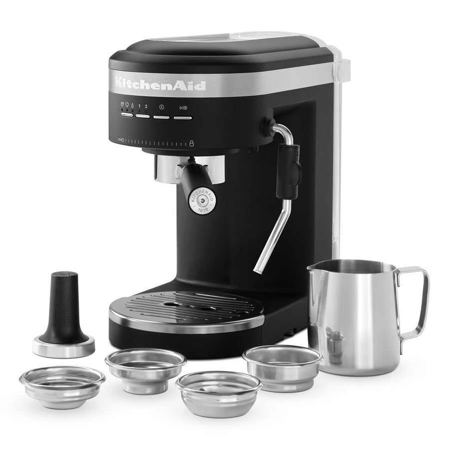 Angle | KitchenAid KES6403BM semi-automatic espresso machine three-quarter view showing control panel and portafilter