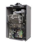 Interior | Open cabinet showing the heat exchanger, piping, electronics, and internal components