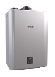 Hero | Complete silver tankless water heater shown upright with its front control panel and twin top connections