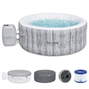 Front | Covered gray woodgrain hot tub with bubbling water and included accessories on a white background