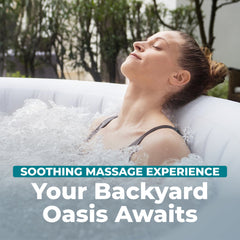 In use | Woman leaning back in the bubbling water with eyes closed outdoors