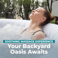 In use | Woman leaning back in the bubbling water with eyes closed outdoors