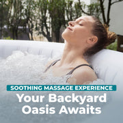 In use | Woman leaning back in the bubbling water with eyes closed outdoors