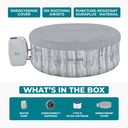 Set contents | Heater pump, ChemConnect dispenser, filter cartridge, and EnergySense cover shown with the spa