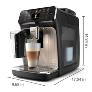 Side angle | Side view showing the LatteCrema milk system and water tank