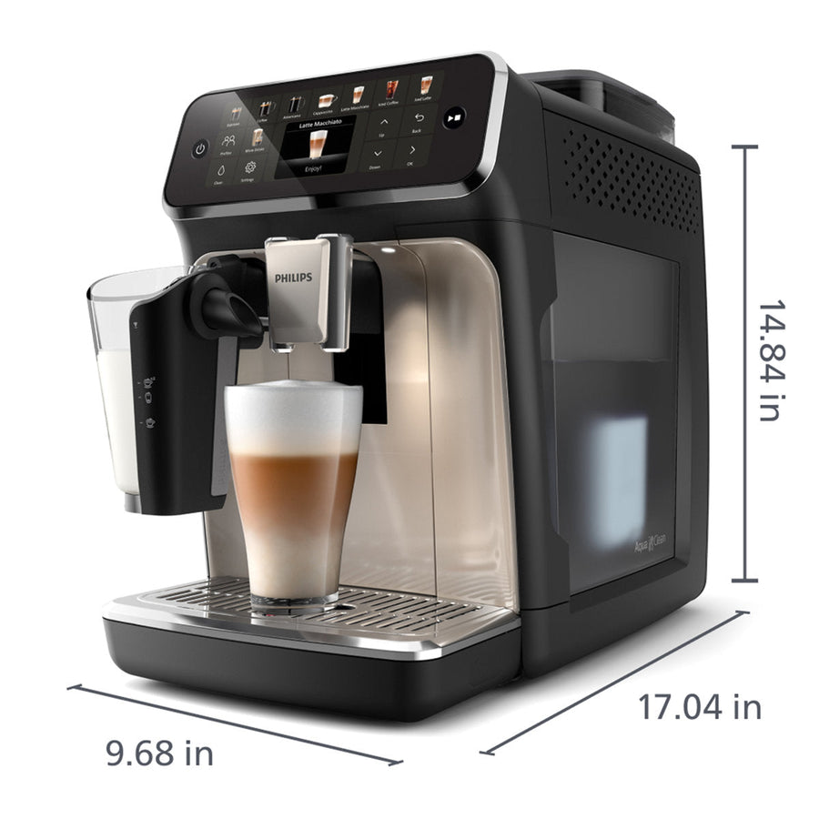 Side angle | Side view showing the LatteCrema milk system and water tank
