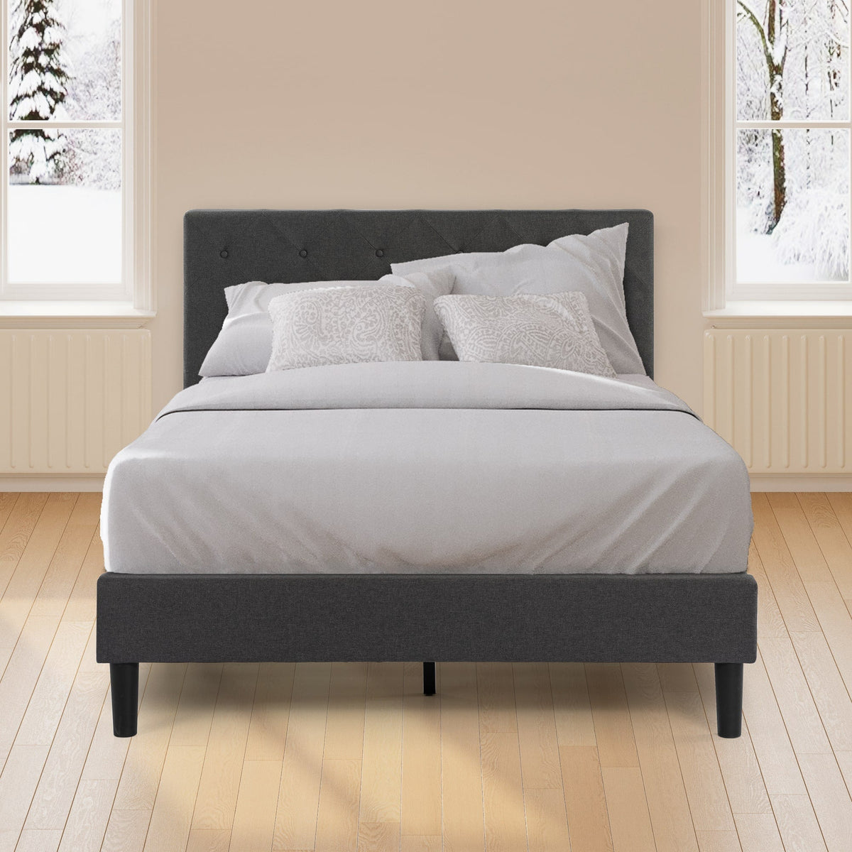 Platform Bed, Full, USB Ports, Diamond-Stitched Button-Tufted Headboard