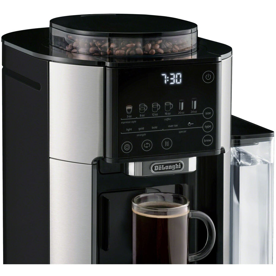 Angle | De'Longhi TrueBrew coffee maker side profile showing bean hopper and water tank