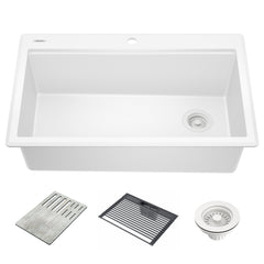 Everest™ 33" L Granite Composite Workstation Kitchen Sink Drop-In Top Mount Single Bowl with WorkFlow™ Ledge in White | product photo
