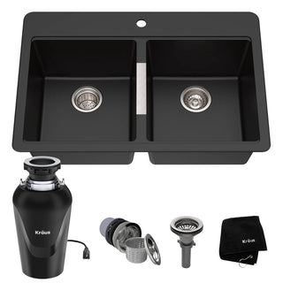 33 Inch Farmhouse Apron Front Double Bowl Kitchen Sink with WasteGuard™ Garbage Disposal in Black