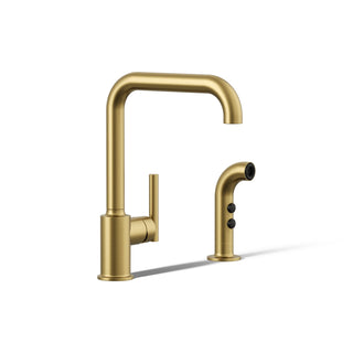 Purist Two-Hole Kitchen Sink Faucet with 8" Spout and Matching Finish Sidespray in Vibrant Brushed Moderne Brass