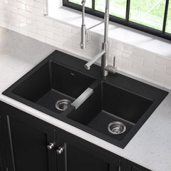 33 Inch Farmhouse Apron Front Double Bowl Kitchen Sink with WasteGuard™ Garbage Disposal in Black | product photo