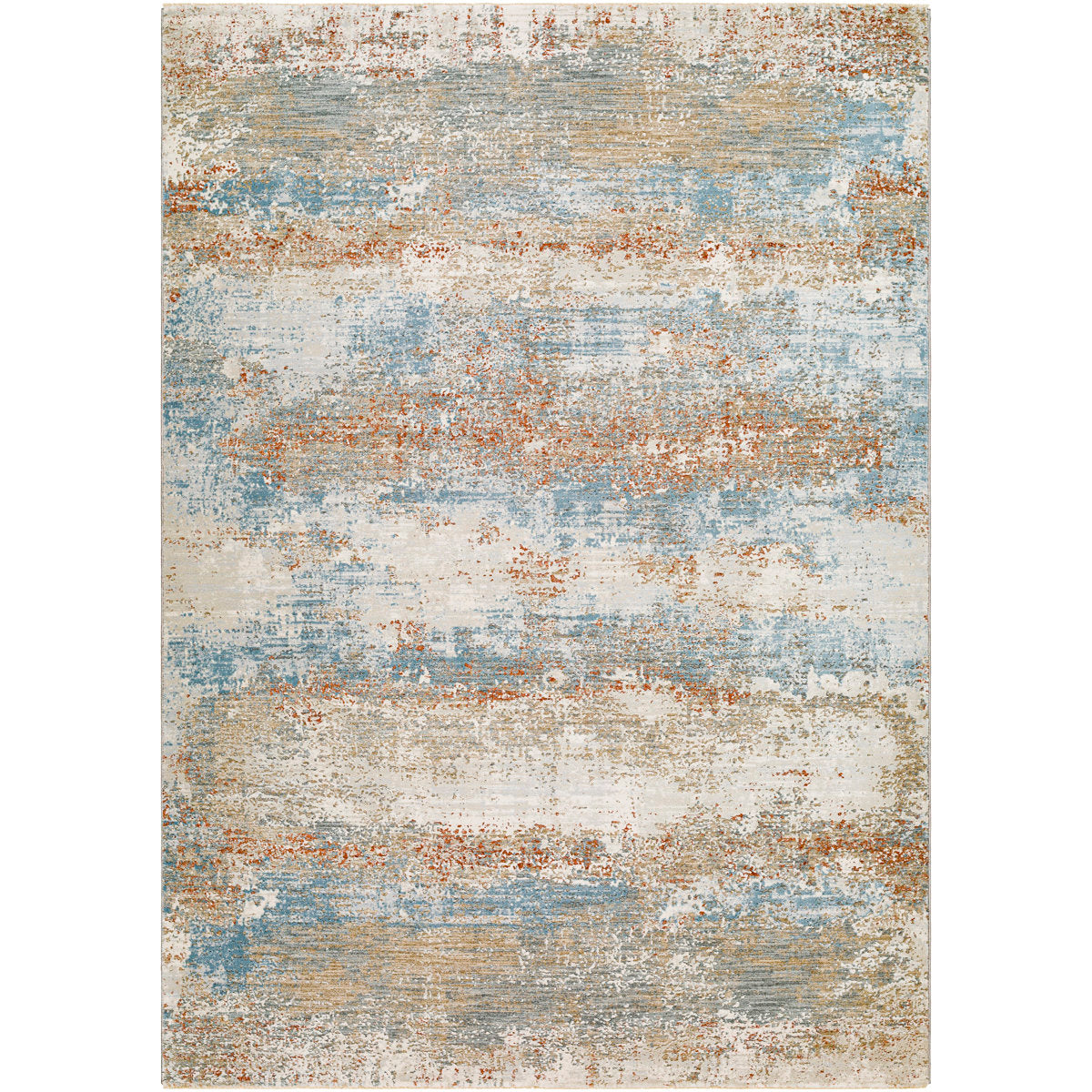 Abstract Area Rug, 7 ft 10 in x 10 ft 3 in with Fringe in Blue/Brown/Tan/Green/Cream