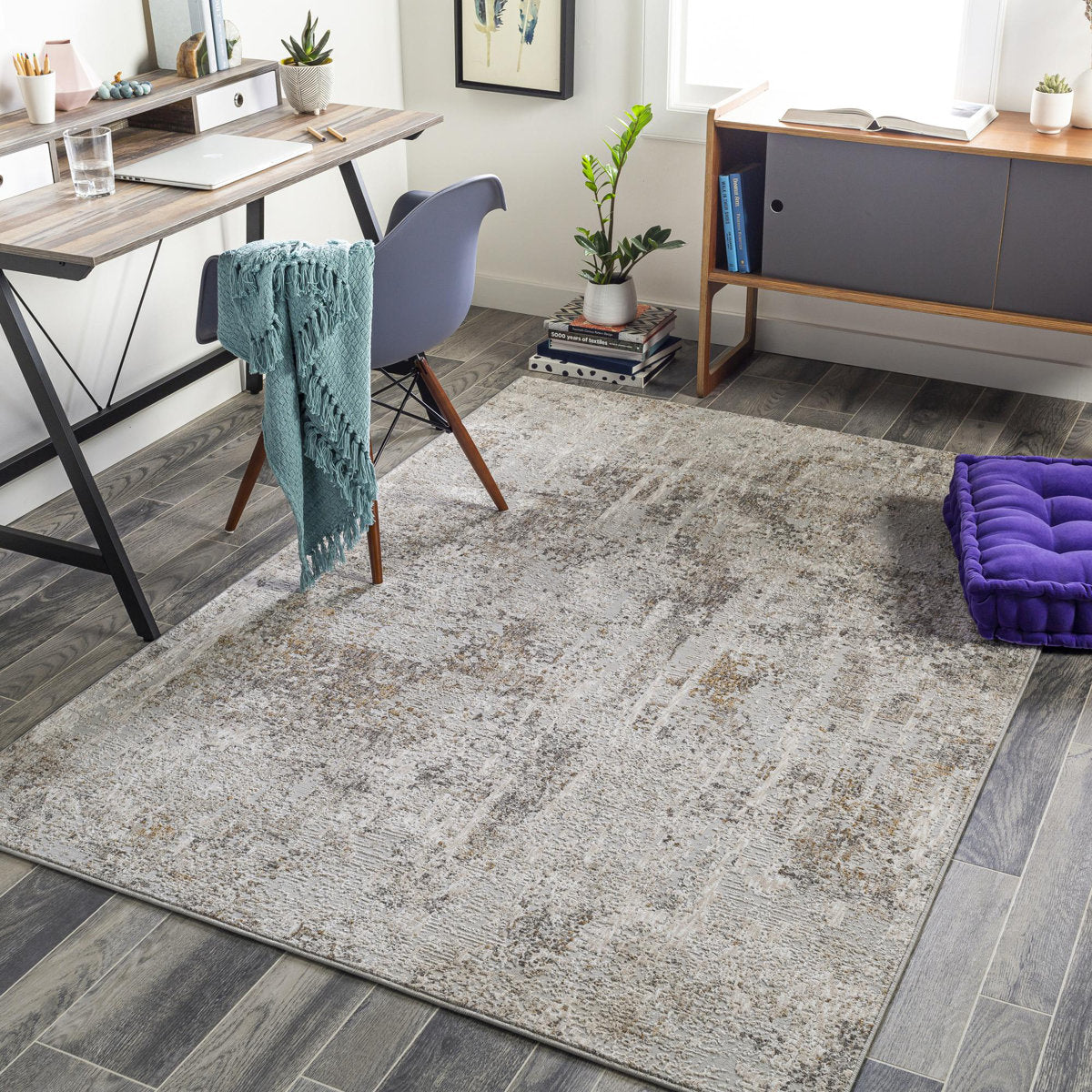 Abstract Area Rug, 9 ft x 12 ft in Blue, White, Yellow and Brown