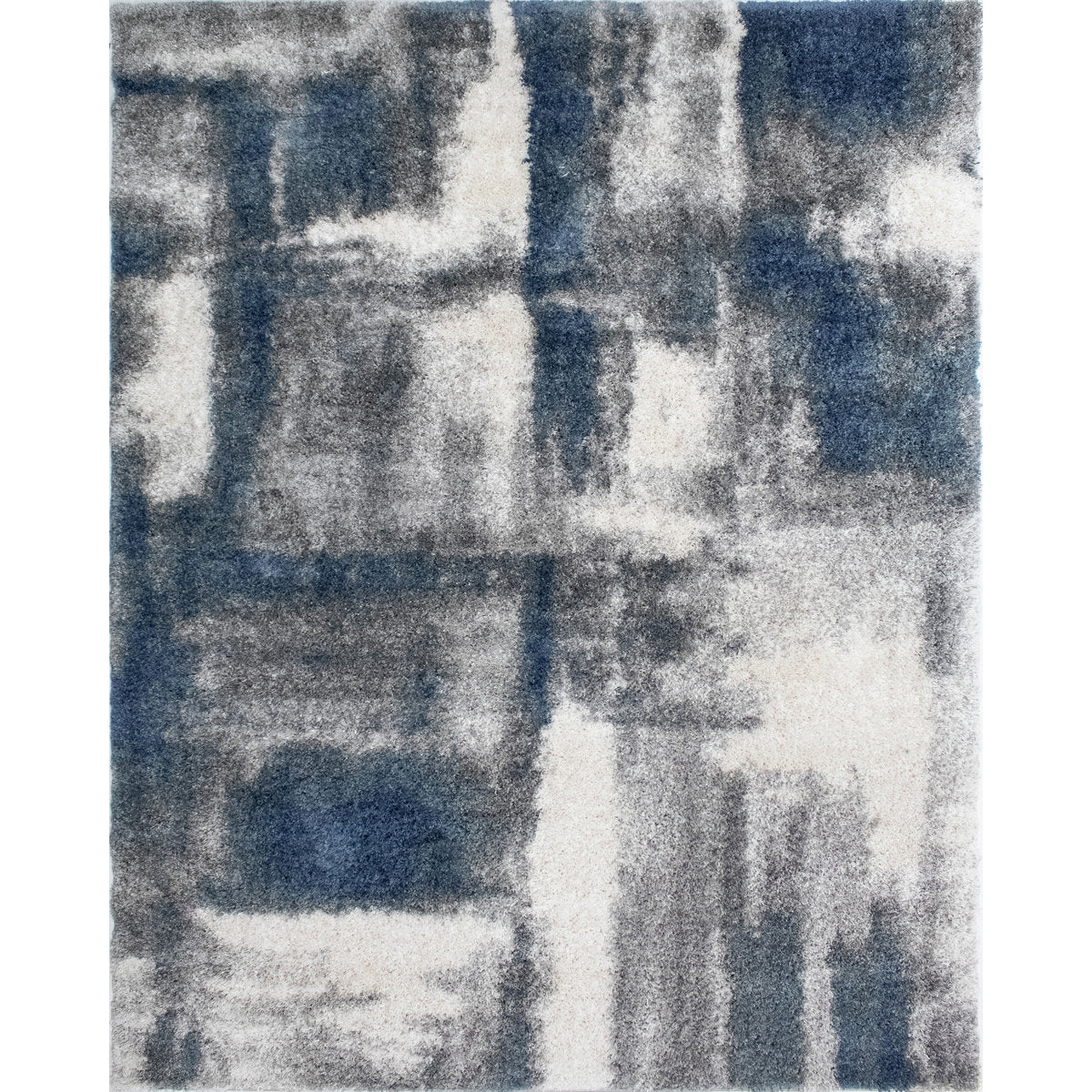 Abstract Shag Area Rug, 7'10" x 10', Blue/Ivory/Gray