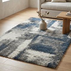 Abstract Shag Area Rug, 7'10" x 10', Blue/Ivory/Gray