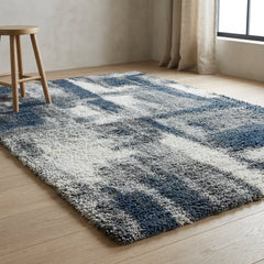 Abstract Shag Area Rug, 7'10" x 10', Blue/Ivory/Gray