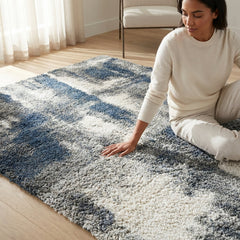 Abstract Shag Area Rug, 7'10" x 10', Blue/Ivory/Gray