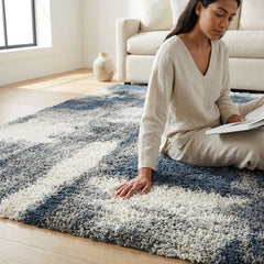 Abstract Shag Area Rug, 7'10" x 10', Blue/Ivory/Gray