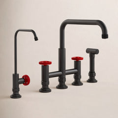 Urbix Industrial Bridge Kitchen Faucet and Water Filter Faucet Combo in Matte Black/Red | product photo
