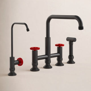 Urbix Industrial Bridge Kitchen Faucet and Water Filter Faucet Combo in Matte Black/Red