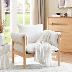 Accent Armchair, Beige Linen, Natural Wood Frame