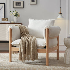 Accent Armchair, Beige Linen, Natural Wood Frame