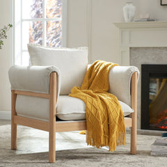 Accent Armchair, Beige Linen, Natural Wood Frame