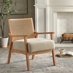Accent Armchair, Beige Polyester Blend with Light Oak Legs